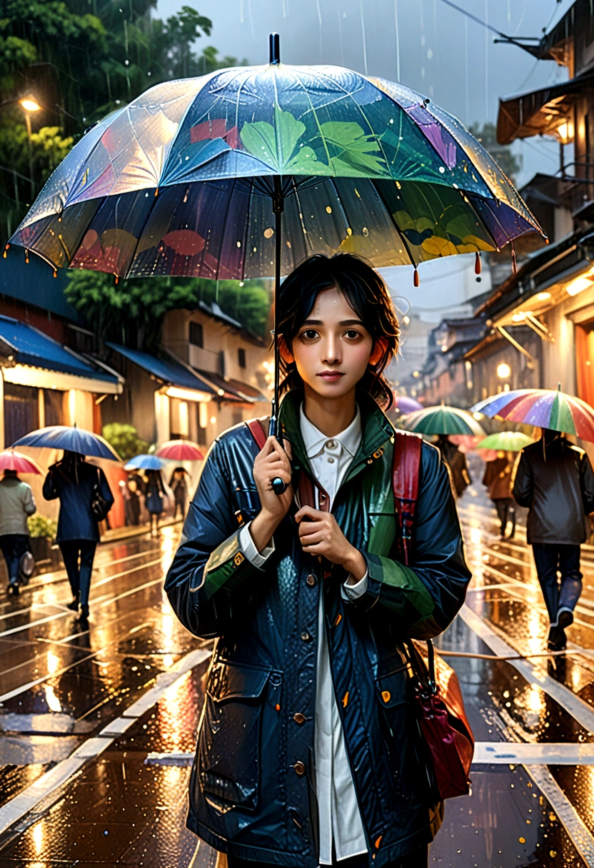 (Umbrella, rain), The scene mainly depicts a group of artists holding umbrellas in the rain, holding a palette and paintbrush in their hands, focusing on depicting the scenery in their eyes. They are surrounded by wet roads and lights flickering in the raindrops. This is a close-up shot that highlights their focus and enthusiasm in creation, as well as the details of painting, showcasing the overall picture, (panoramic view), Photography, award-winning, cinematic still, emotional, vignette, dynamic, vivid, (masterpiece, best quality, Professional, perfect composition, very aesthetic, absurdres, ultra-detailed, intricate details:1.3)