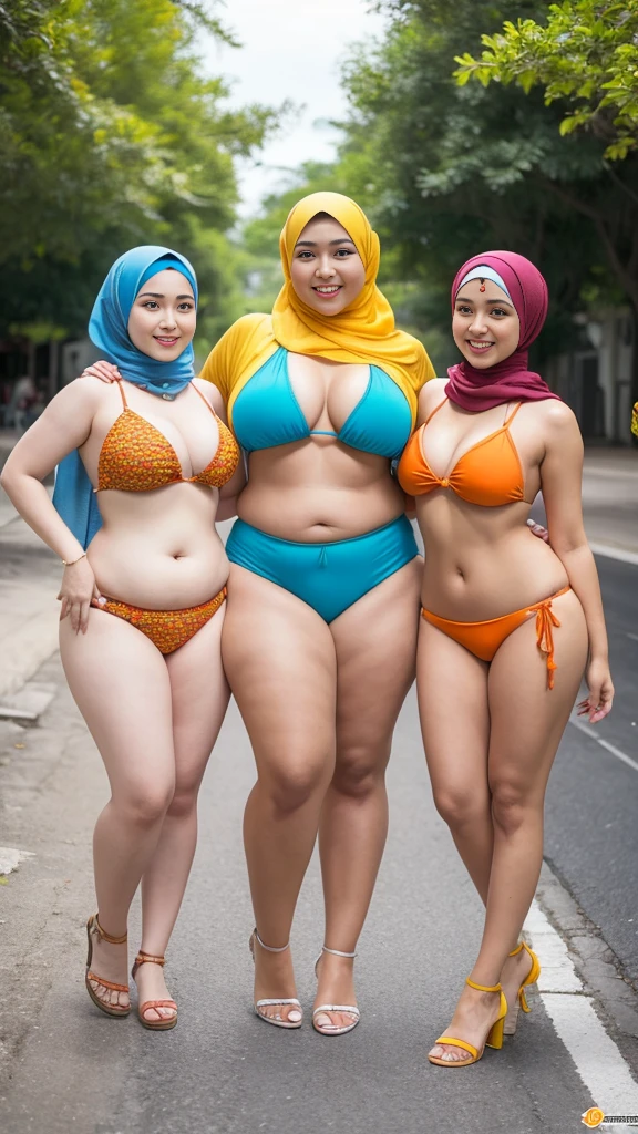 3beatiful women smile , hijab ,body ,body curve,body thick,boy sexy,body bbw,pake bikini motif bunga , kuning, biru ,ungu, merah ,silver ,orange ,sedang jalan di pante