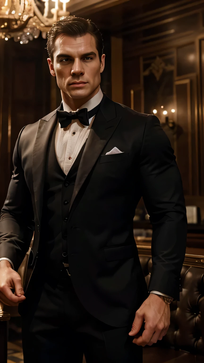 realist (muscular man: 1.1) James Bond, Henry Cavill, in an intricate and elegant black suit, portrait, short hair, outlined beard, in a restaurant in Paris, Spot lighting of the scene, detailed background, intricate details, (illustration), Masterpiece, high resolution, Best Quality.
