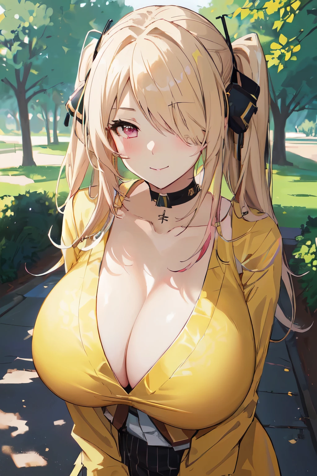 anime girl with big  posing in a park,  anime girl, fine details. girls frontline, attractive anime girl, blonde anime girl with long hair, beautiful anime girl, anime best girl, from girls frontline, pretty anime girl, top rated on pixiv, anime girl, cleavage, beautiful anime woman, anime style 4 k, trending on artstation pixiv(STEAM) (PINK HAIR) (PINK EYES) (BEAUTIFUL WOMAN) (TIGHT CLOTHING) 