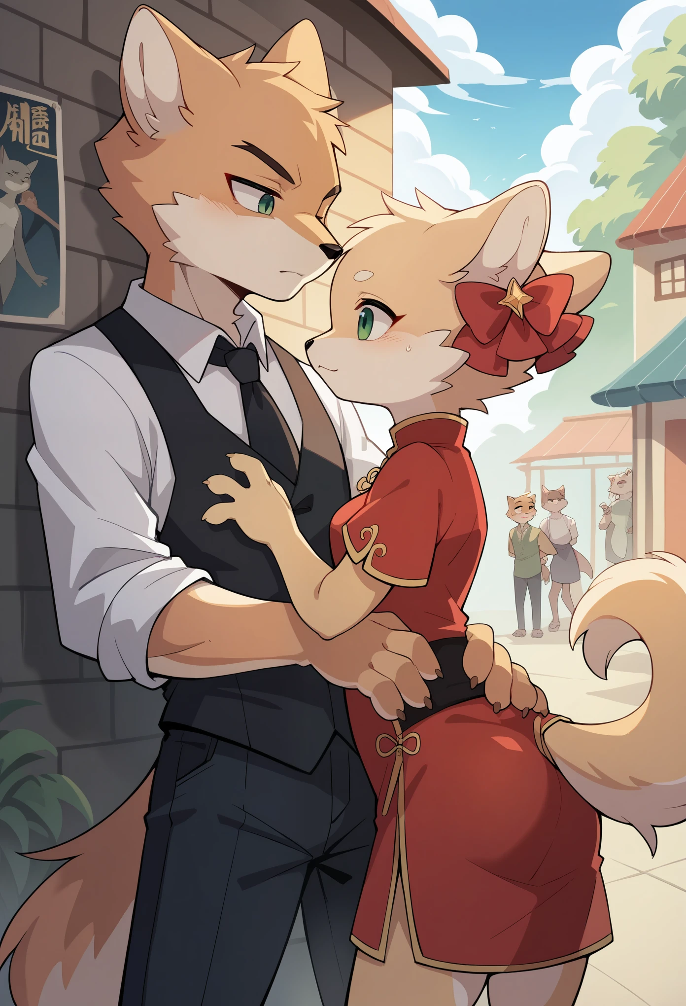movie poster, movie artwork, concept art of action movie, romance novel cover, highres, top quality, best quality, perfect artwork, absurdres, perfect anatomy(couple, young 1male detective, 1woman in Chinese dress)(furry, kemono, anthro)with some elements of 007,
