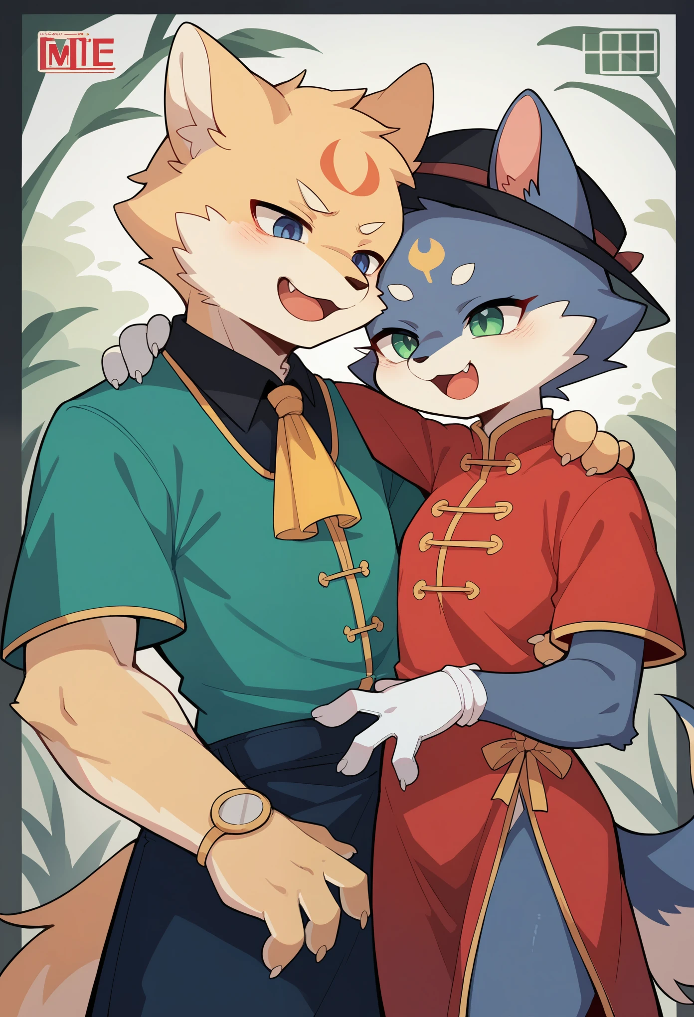 movie poster, movie artwork, concept art of love, romance novel cover, highres, top quality, best quality, perfect artwork, absurdres, perfect anatomy(couple, young 1male detective, 1woman in Chinese dress)(furry, kemono, anthro))with some elements of 007, battle,