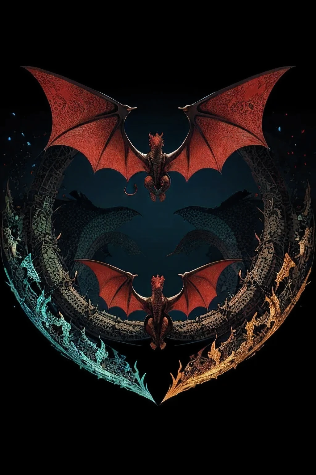 Three dragons. Open wings. Vector design