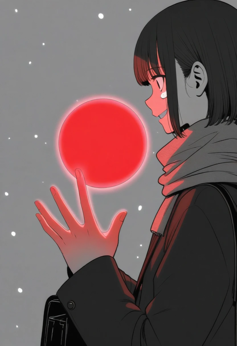 masterpiece, best quality, 1girl, mamerakkkkko, grayscale, manga style, japanese, chi no wadachi, black eyes, street, iced, black hair, schoolbag, smile, lineart, black coat, black scarf, black pleated skirt, leggings, centered, 18 years old, tall, fair skinned, bokeh background, crying, tears, tears streaming, bob cut, light particles, from side, snowing, (((holding glowing red orb, perfect hand, detailed hand:1.1)), emotional anime scene