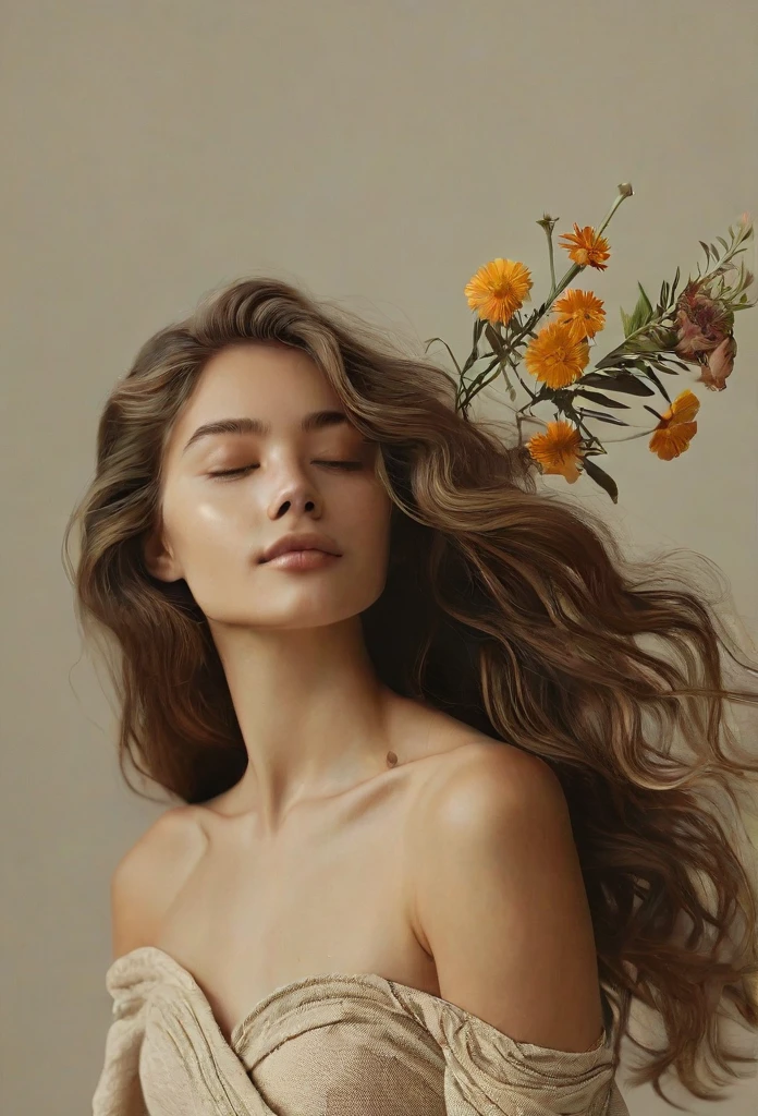 Create an image of an individual with long wavy brown hair, no visible upper body clothing, and an artful arrangement of flowers covering their chest. The semi-profile pose features one arm raised, holding flowers near the face, and the other hand positioned lower. The setting should have soft, diffused lighting and muted earthy tones.