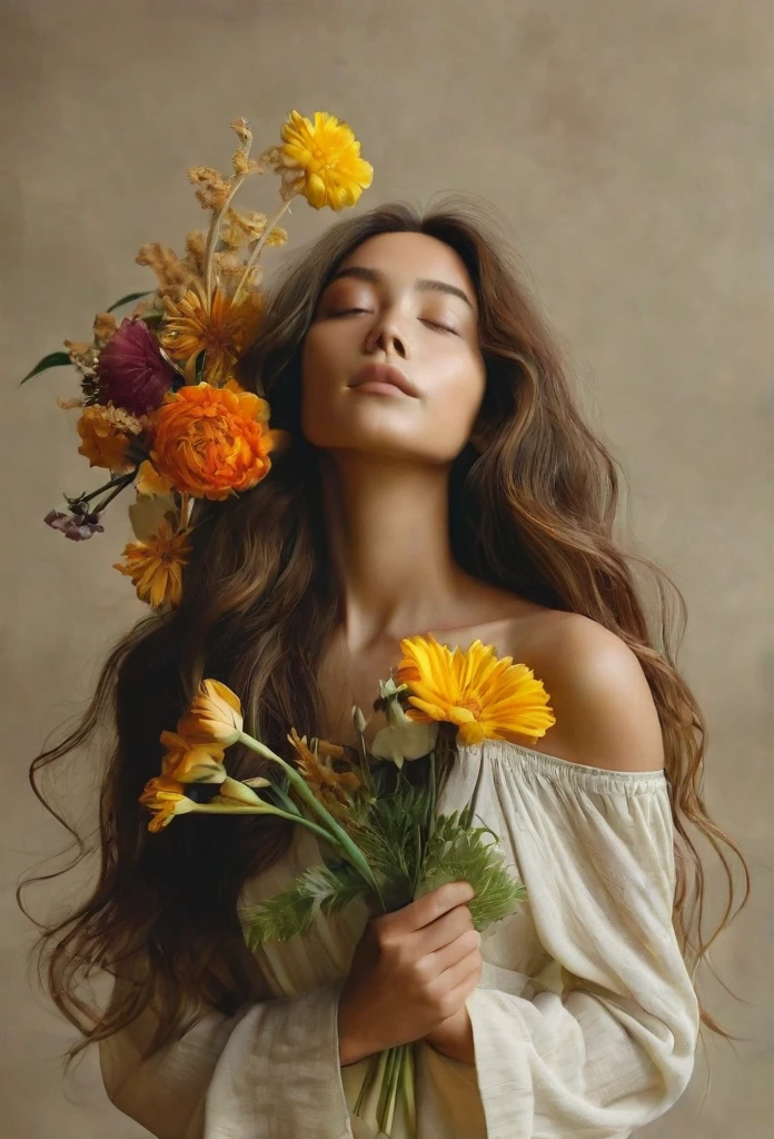 Create an theee quarter view image of an individual with long wavy brown hair, no visible upper body clothing, and an artful arrangement of flowers covering their chest. The semi-profile pose features one arm raised, holding flowers near the face, and the other hand positioned lower. The setting should have soft, diffused lighting and muted earthy tones. 