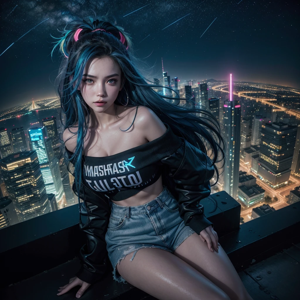 (masterpiece), best quality, ultra high res,, cyberpunk 1girl flying above stunning cityscape ,hoodie,blue hair,  neon color shooting stars, very long hair, off shoulder, feather hair ornament, neon colors, flashes, stunning night sky, cinematic lighting, photorealistic, realistic skin, HDR,fisheye