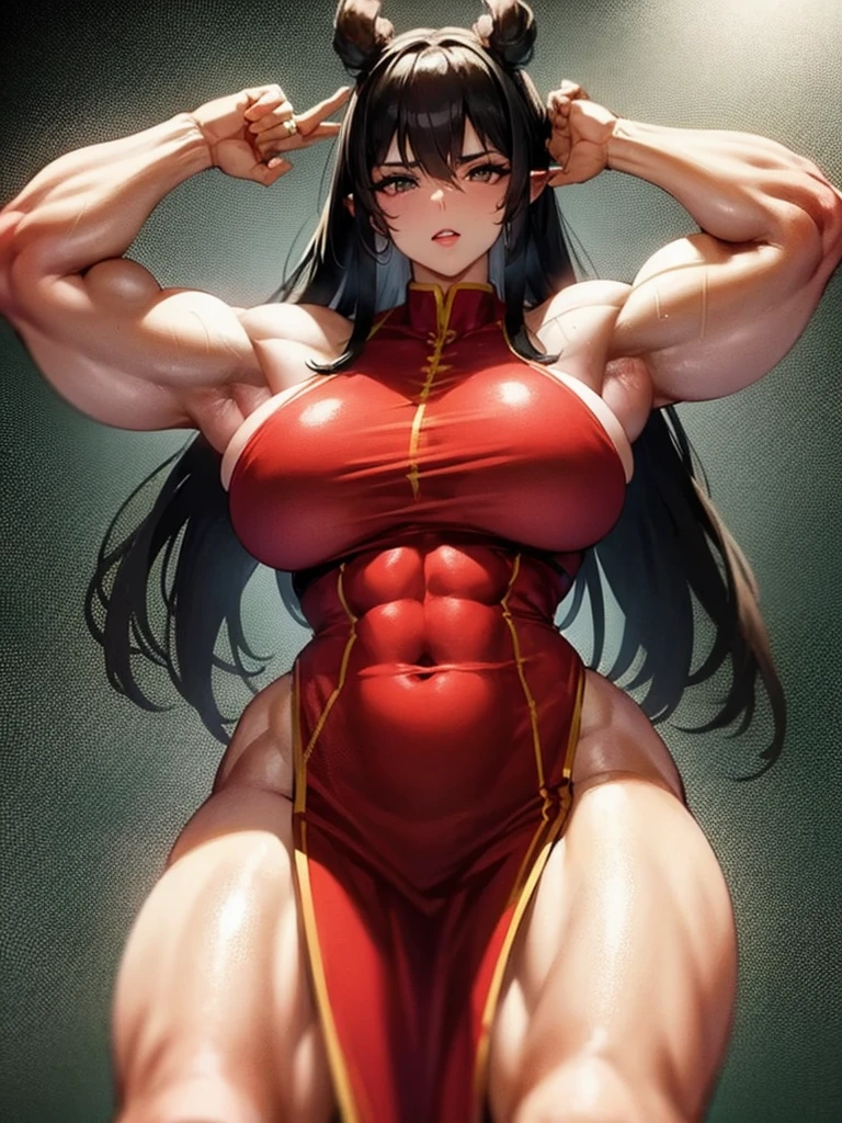 um close de uma mulher gigante com um vestido vermelho holding an epée, Chun Li na academia, muscular girl, muscular!! Sci-fi, big arms, huge muscles, big biceps, strong arms, huge muscles, strong and imposing, heavy appearance, bursting with muscles, big muscles, big muscles, muscular and scary, muscular! cyber punk, muscular!!, forte e musculoso, holding an epée