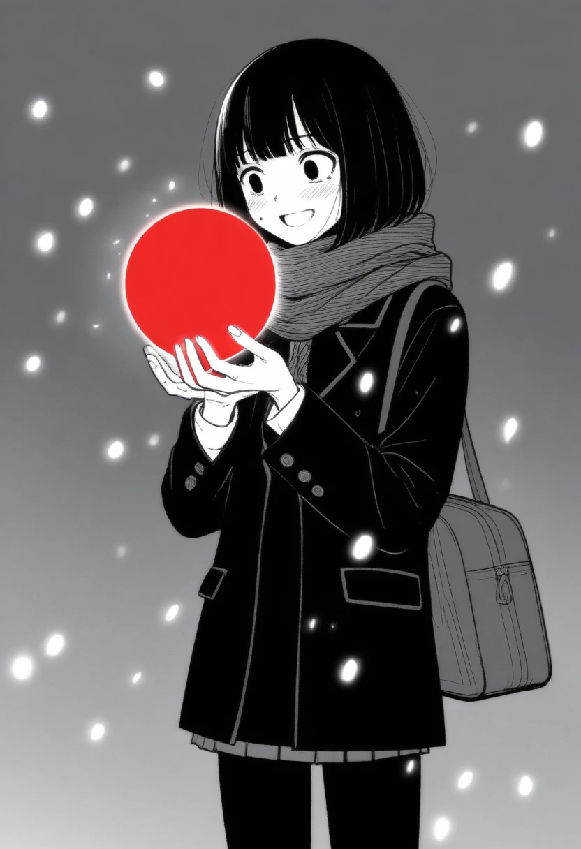 masterpiece, best quality, 1girl, mamerakkkkko, grayscale, manga style, japanese, chi no wadachi, black eyes, street, iced, black hair, schoolbag, smile, lineart, black coat, black scarf, black pleated skirt, leggings, centered, 18 years old, tall, fair skinned, bokeh background, crying, tears, tears streaming, bob cut, light particles, snowing, (((holding glowing red orb, perfect hand, detailed hand:1.1)), emotional anime scene