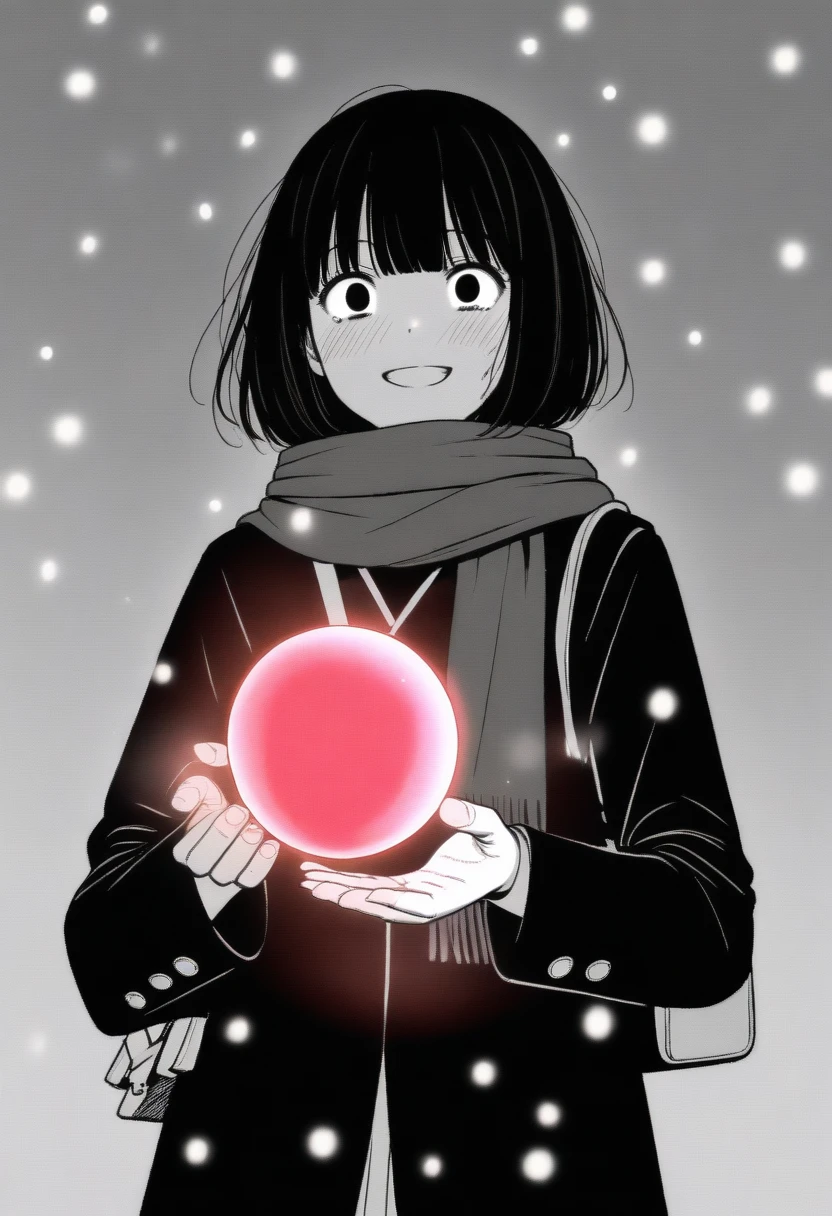 masterpiece, best quality, 1girl, mamerakkkkko, grayscale, manga style, japanese, chi no wadachi, black eyes, street, iced, black hair, schoolbag, smile, lineart, black coat, black scarf, black pleated skirt, leggings, centered, 18 years old, tall, fair skinned, bokeh background, crying, tears, tears streaming, bob cut, light particles, snowing, (((holding glowing red orb, perfect hand, detailed hand:1.1)), emotional anime scene

