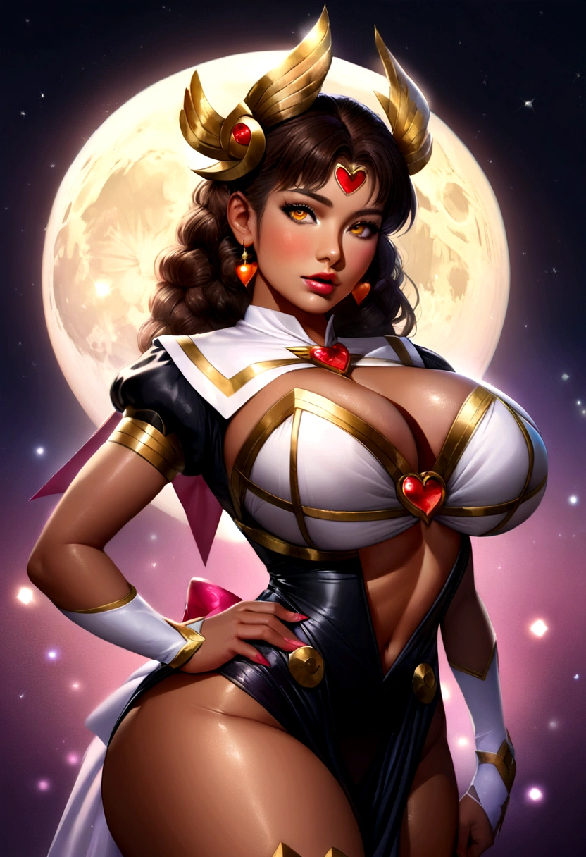 Sailor Moon, realistic, 1 girl, (magical girl:1.4), long dark brown hair, (golden opal eyes), (crystals, shimmering bokeh), (Gothic:1.4)stylish sailor-reconnaissance uniform, (big breasts:1.25), split, wide hips, small waist, Tan skin, clavicle, parted lips, draw up, blush, shiny skin, night, reflection, full moon, Moonlight, Rose