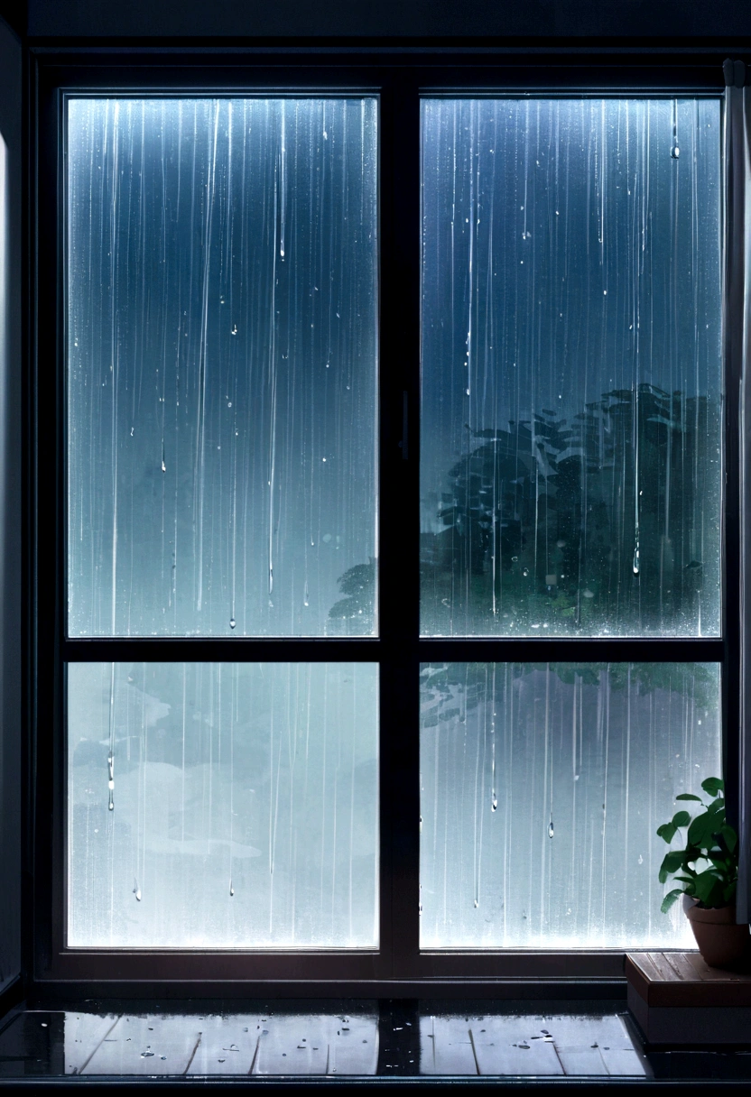 (best qualityer, Realistic, highres:1.2),raindrops falling on the window,Window with water droplets,Realistic rain,beautiful landscape from the window,Blurred background through the window,soft natural light,realistic rain effect,gentle rain sounds,Water running down the window,Refreshing rain shower,cozy indoor environment,dimly lit bedroom,Quiet rainy day,relaxing environment,raindrop reflections on the window,smell of fresh rain,moisture on the window,Serene mood,rainy cityscape outside the window,Moment of silence,Water dripping through the glass,Soothing rain sounds,air humidity,comforting chuvas,close-up of raindrops,quiet contemplation,Rainy day vibes,Water running down the glass panel,Subtle Rain Patterns,serene rain scene,rainy weather environment,cozy indoor environment,view from the rain window,relaxing storm,Raindrops creating patterns,drizzling rain,Relaxing rain soundscape