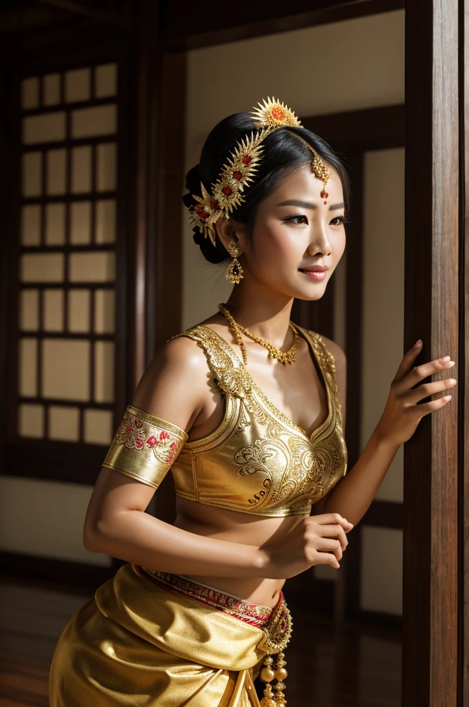one beautiful asian women,wearing traditional balinese outfit,hyperrealistic image 4k,360° camera image