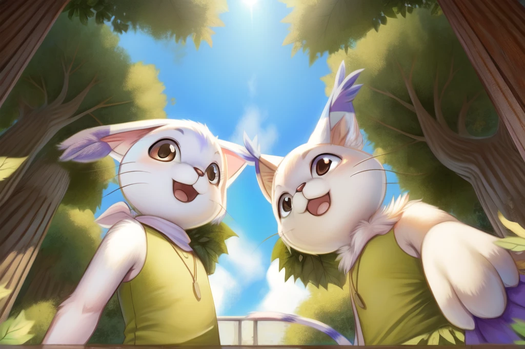 by woolrool,,, Kari_Kamiya and Gatomon furry, detailed and extremely fluffy body fur, fluff, masterpiece, looking up beautiful surroundings, detailed background, happy, leaf-dress, short stature, sexy anthro