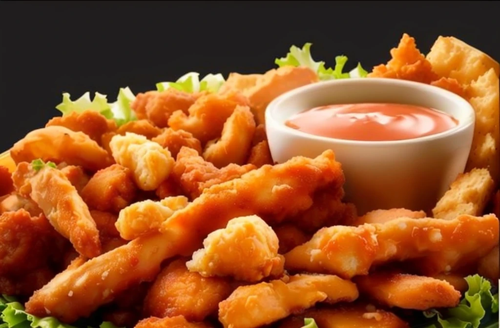 there is a plate of fried foods with sauce, nuggets de frango, with fried, serving fried, french fried, ❤🔥🍄🌪, fried, inspired by Pia Fries, french fried on the side, best fried, KFC Chicken, very crispy, mouth watering, appetizing, crispy quality, Easy, fast food, french fried as arms