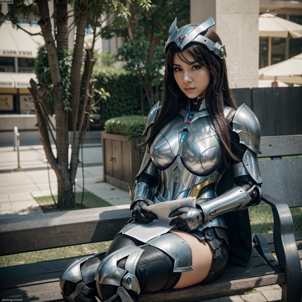 araffe sitting on a bench reading a newspaper with a giant helmet, ig model | artgerm, professional cosplay, armor girl, cosplay journal cover, wearing witchblade armor, league of legends inspired, cosplayer, trending artgerm, realistic cosplay, sakimichan, fantasy photoshoot, girl in mecha cyber armor, trending on cgstation, cosplay