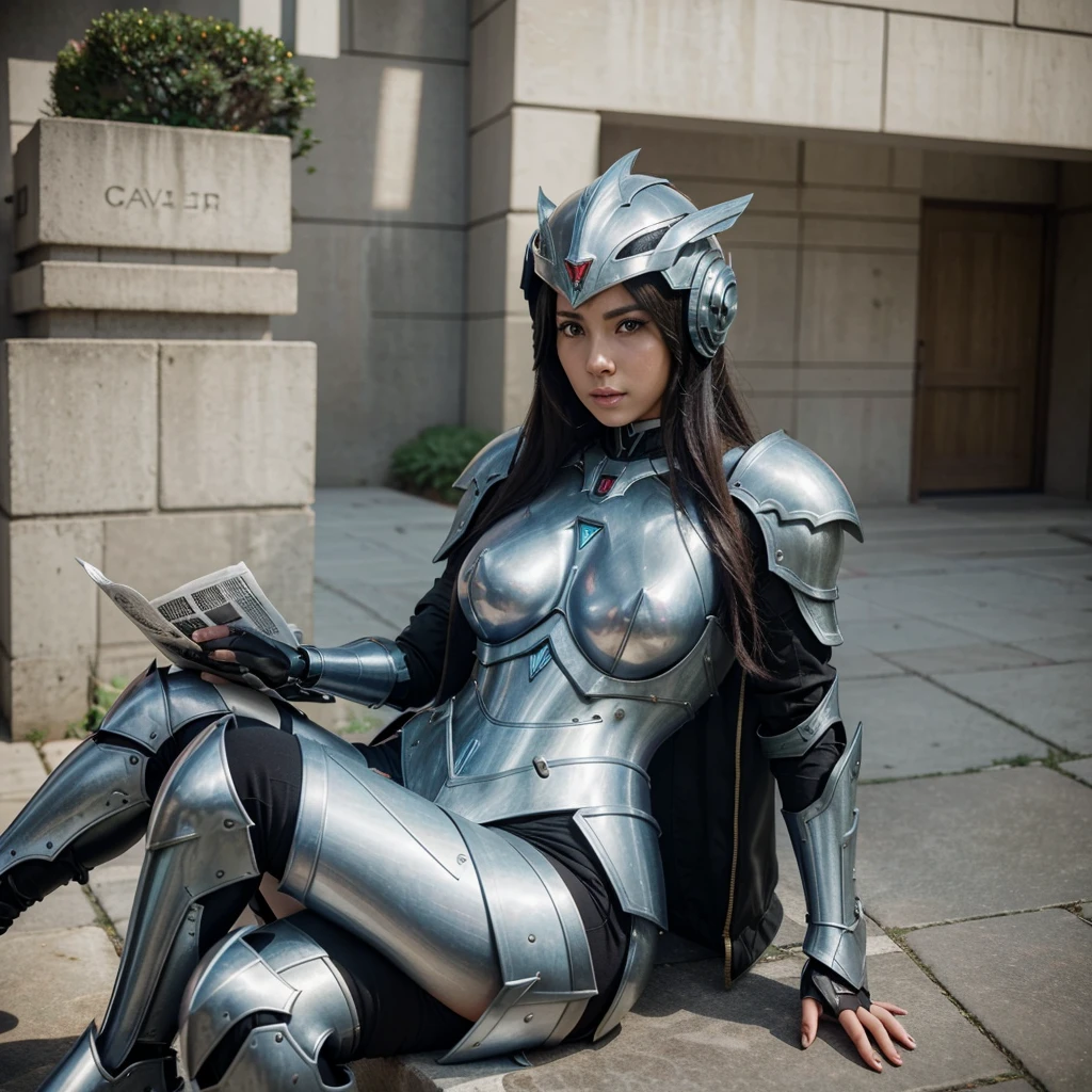 araffe sitting on a bench reading a newspaper with a giant helmet, ig model | artgerm, professional cosplay, armor girl, cosplay journal cover, wearing witchblade armor, league of legends inspired, cosplayer, trending artgerm, realistic cosplay, sakimichan, fantasy photoshoot, girl in mecha cyber armor, trending on cgstation, cosplay