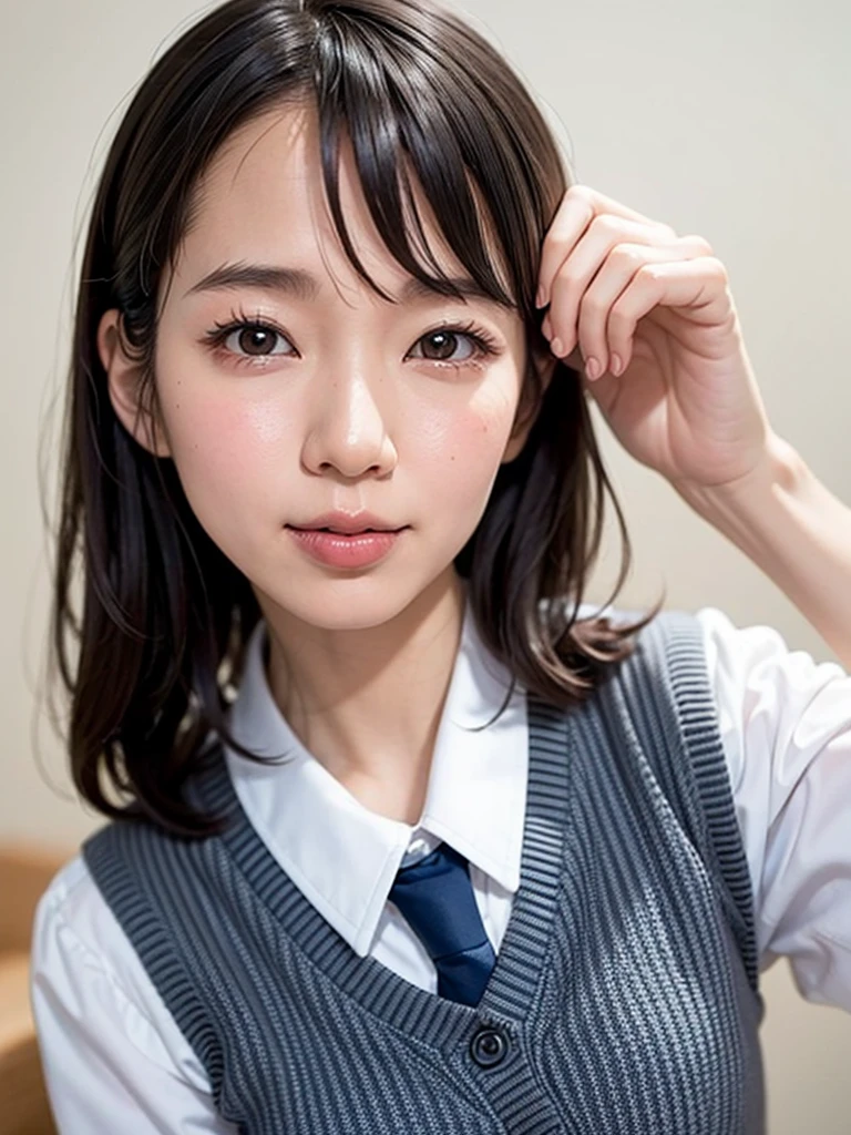 (Highest quality), (masterpiece), highly detailed, A naked Riho Yoshioka is lying on a bed with a thick penis sticking out from the front and half of it in her mouth., Oral sex, body, Eyes that are evenly shaped, Big eyes, Droopy eyes, A dreamy look, Cum on her face, she does shy smile, she is blushing, Beautiful mouth, Beautiful penis, get creampied, Japanese school girl uniform, Yellow knitted vest, A simple background with just a sheet,