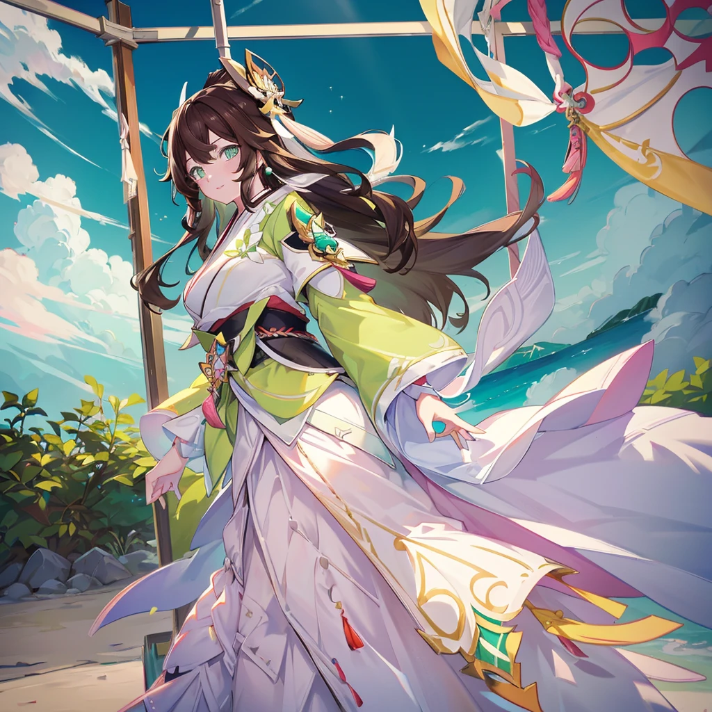 ((Genshin impact style)) (masterpiece), (high quality), 1 girl, , female body, white skin, freckles, ((long, and wavy DARK-BROWN HAIR)), ((green and bright eyes)), she has a cheerful, kind and sweet expression, pink lips with a big smile, designs from East Asian, Game character costume design, Japanese clothing style with a green and light pink color palette, Japanese hair accessories, ((White background)) intricate details, lens flare,ultra high resolution,sharp focus,HD,8k,clear facial features,clear details,beautiful eyes,beautiful face