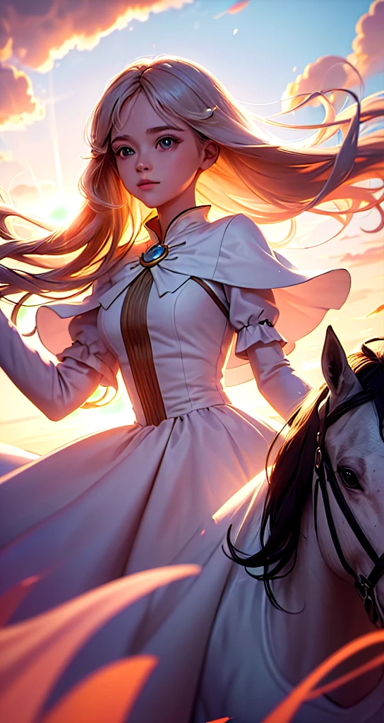 masterpiece, best quality, movie still, 1girl, cloud girl, floating in the sky, close-up, bright, happy, warm soft lighting, sunset, (sparks:0.7) cabelo longos preto e com um vestido de princesa Rosa e um cavalo branco do lado 
