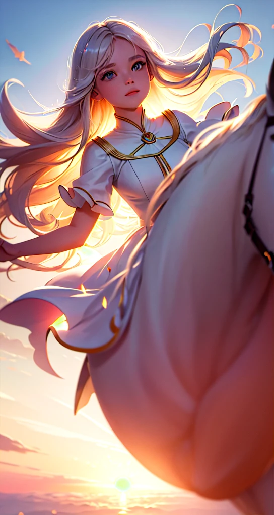 masterpiece, best quality, movie still, 1girl, cloud girl, floating in the sky, close-up, bright, happy, warm soft lighting, sunset, (sparks:0.7) cabelo longos preto e com um vestido de princesa Rosa e um cavalo branco do lado