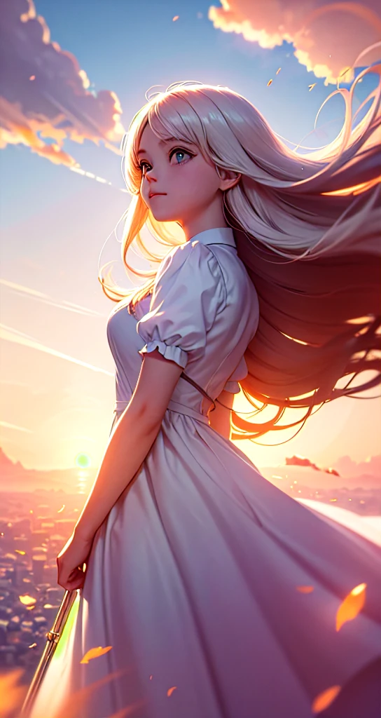masterpiece, best quality, movie still, 1girl, cloud girl, floating in the sky, close-up, bright, happy, warm soft lighting, sunset, (sparks:0.7) cabelo longos preto e com um vestido de princesa Rosa e um cavalo branco do lado
