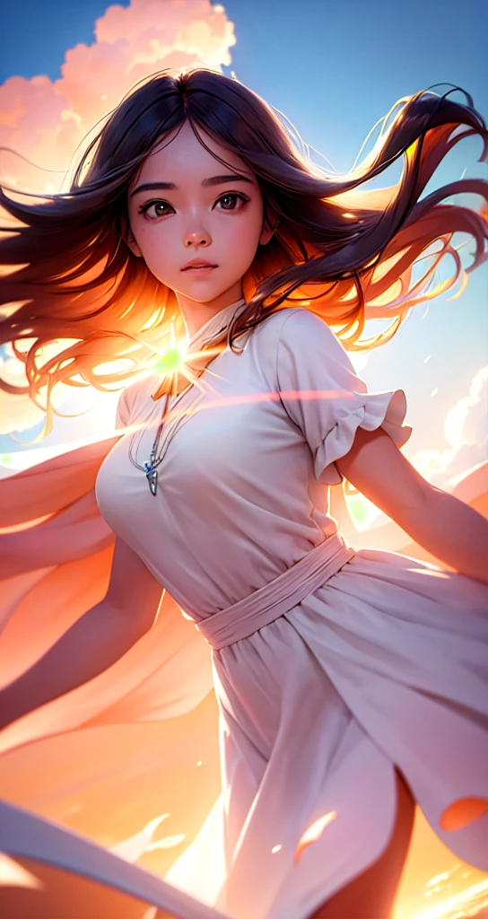 masterpiece, best quality, movie still, 1girl, cloud girl, floating in the sky, close-up, bright, happy, warm soft lighting, sunset, (sparks:0.7) cabelo longos preto e com um vestido de princesa Rosa e um cavalo branco do lado