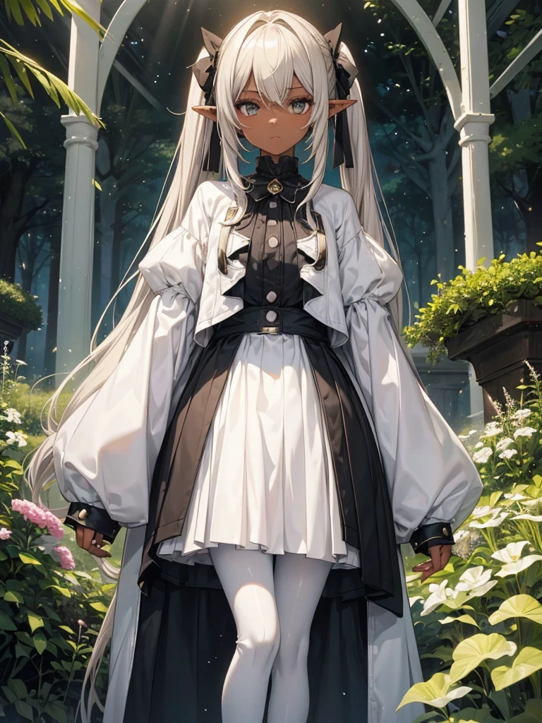((Only one person)), ((Standing)). An dark skinned elf teenager girl with dark skin and a flat body. She has medium lenght straight light gray hair, in a twintail hairstyle like a double ponytail, as well as curtain bangs. She has big golden colored eyes, and a neutral expression on his face, as well as elven ears. She wears a white and black outfit. She wears a black coat with buttoned sleeves, a white shirt underneath, a medium-sized white skirt, black pantyhose and light brown high boots. The environment around her is a small green forest lit by the sun.
