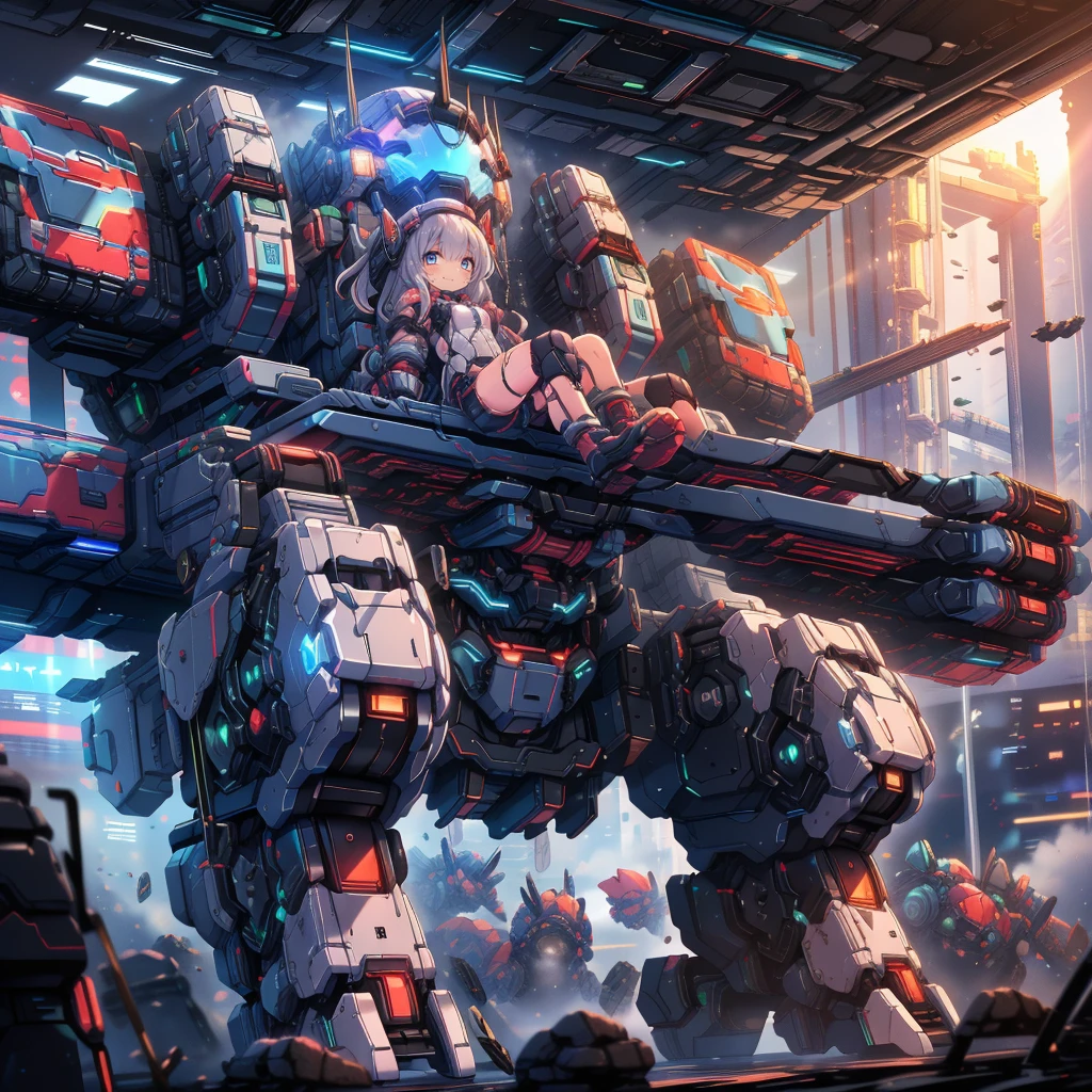 (masterpiece:1.2), best quality, high resolution, extremely detailed CG, absurdres, highres, Sci-fi world, a girl in bodysuit sits inside a machine with giant robot arms and legs on a battlefield, and the girl holds the lever of the machine,Colorful portraits