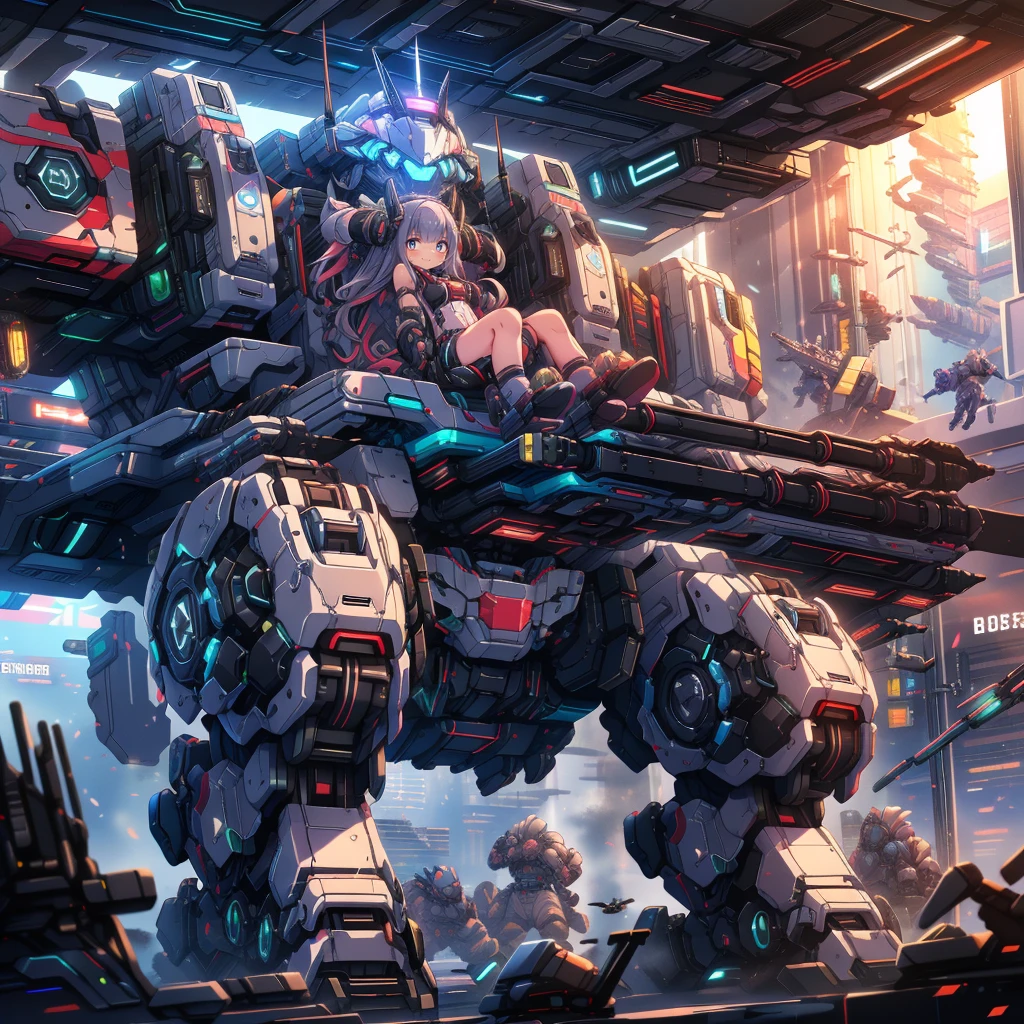 (masterpiece:1.2), best quality, high resolution, extremely detailed CG, absurdres, highres, Sci-fi world, a girl in bodysuit sits inside a machine with giant robot arms and legs on a battlefield, and the girl holds the lever of the machine,Colorful portraits