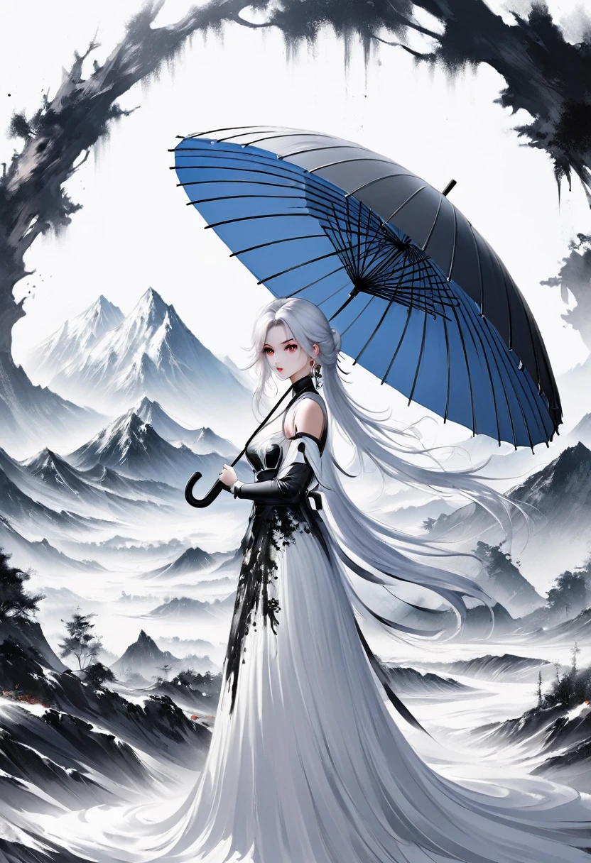 (Lots of white space:1.5)，(Lots of white space around:1.6), White background, simple, Minimalism, Abstract,Hand Painted，Aesthetic，black and white，Ink Painting，，a mountain，Girl holding an umbrella in the distance，(Umbrella:1.7),一幅Abstract的艺术插图, author：Li Song, Arte no estilo de Gu Weiss, Shin Jin Hye, Obra-prima de Gu Weiss, Ross Figure 1. 0, Beautiful digital illustrations, Inspired by Non-WLOP, simple數位藝術, jingna zhang, Gu Weiss, Stunning digital illustrations