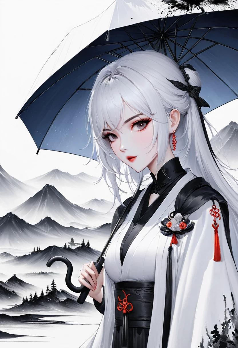 (Lots of white space:1.5)，(Lots of white space around:1.6), White background, simple, Minimalism, Abstract,Hand Painted，Aesthetic，black and white，Ink Painting，，a mountain，Girl holding an umbrella in the distance，(Umbrella:1.7),一幅Abstract的艺术插图, author：Li Song, Arte no estilo de Gu Weiss, Shin Jin Hye, Obra-prima de Gu Weiss, Ross Figure 1. 0, Beautiful digital illustrations, Inspired by Non-WLOP, simple數位藝術, jingna zhang, Gu Weiss, Stunning digital illustrations