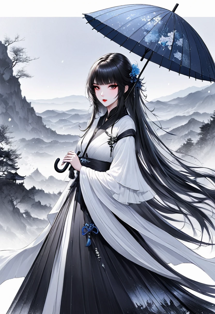 (Lots of white space:1.5)，(Lots of white space around:1.6), White background, simple, Minimalism, Abstract,Hand Painted，Aesthetic，black and white，Ink Painting，，a mountain，Girl holding an umbrella in the distance，(Umbrella:1.7),一幅Abstract的艺术插图, author：Li Song, Arte no estilo de Gu Weiss, Shin Jin Hye, Obra-prima de Gu Weiss, Ross Figure 1. 0, Beautiful digital illustrations, Inspired by Non-WLOP, simple數位藝術, jingna zhang, Gu Weiss, Stunning digital illustrations