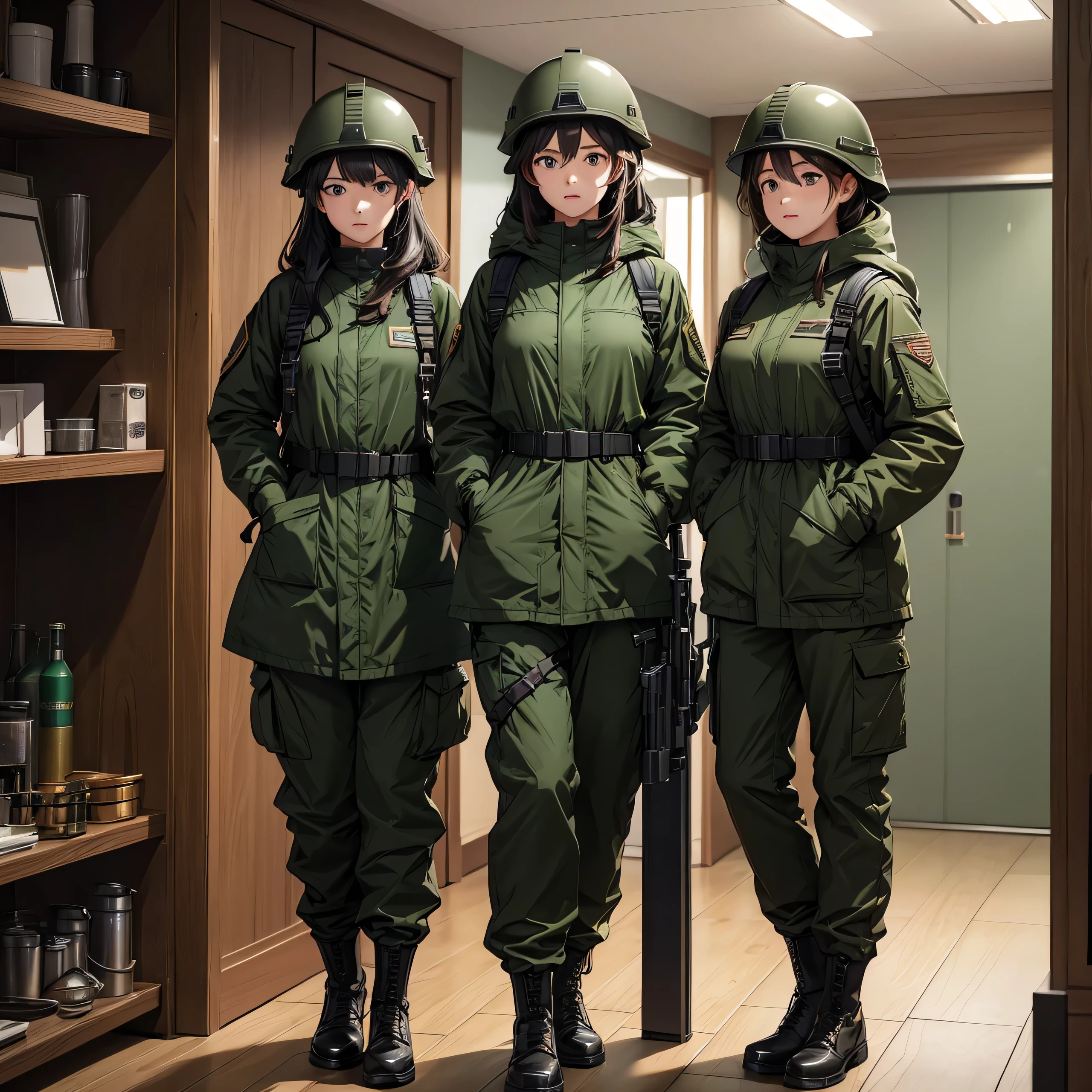 Three female soldiers in helmets，Wearing dark green M.51 parka、The same posture、stand in a line、Military Pants、Interior corridors，masterpiece、best quality、Highly detailed CG、8K picture quality