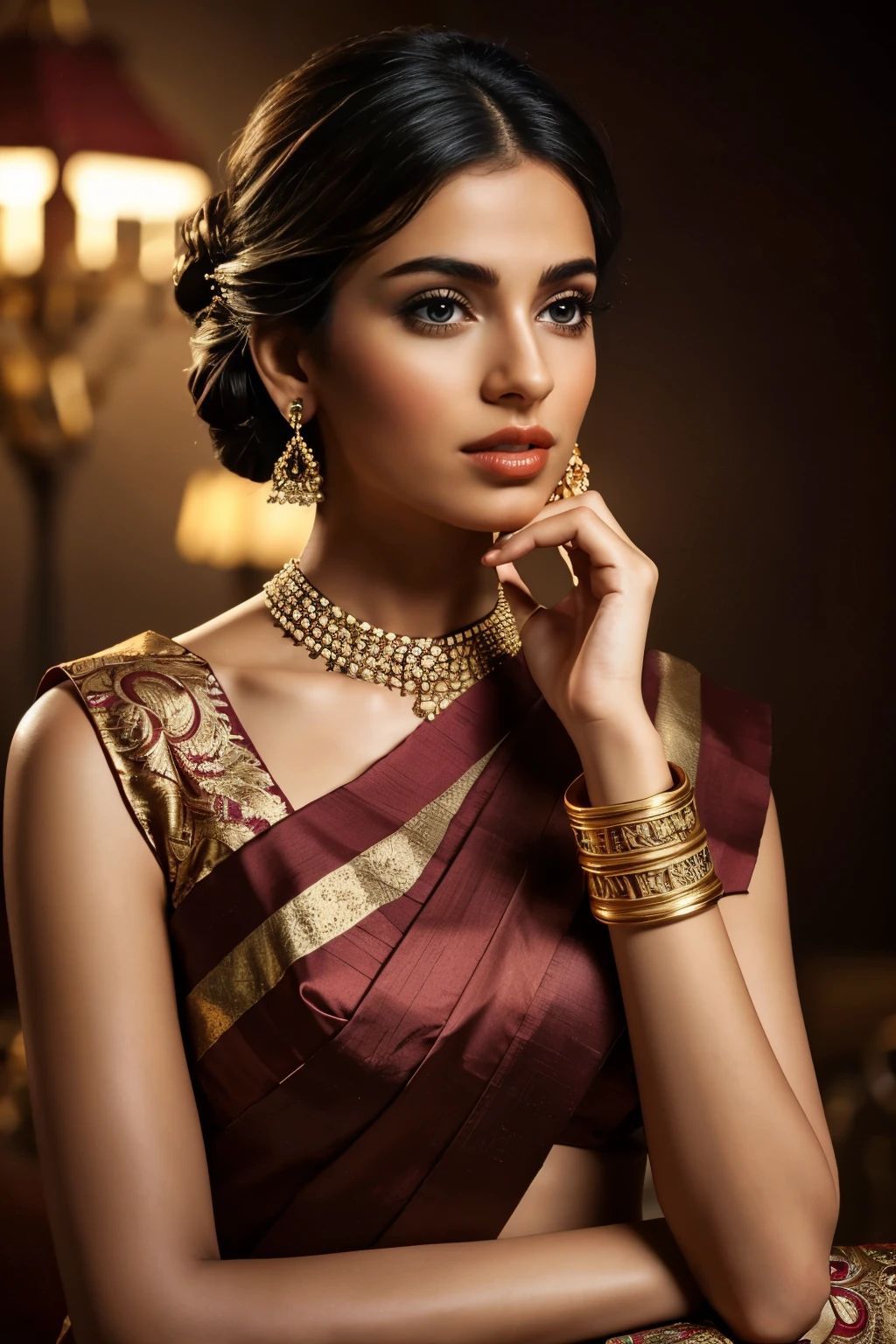 In this photograph, an Indian Instagram female model in her mid-20s raised her hand on head on her hair. (highly detailed face:1.4) (smile:0.7) (background 5-star hotel, moody, private study:1.0V, by Lee Jeffries, Nikon D850, film stock photograph, 4 Kodak Portra 400, camera f1.6 lens, rich colors, hyper-realistic, lifelike texture, dramatic lighting, Cinestill 800, realistic). She is wearing a traditional cherry blossom saree that exudes elegance and sophistication. The saree features a vibrant and intricate design with rich colors and detailed patterns, draped gracefully around her. The blouse is sleeveless but with intricate embroidery and beadwork, complementing the saree’s luxurious fabric. She is tying her hair with raised hands, Completing her look, she adorns herself with traditional jewelry, including bangles, earrings, and a necklace. The model's hair is styled in a classic bun with jasmine flowers, adding a modern twist to her traditional attire. 

The photograph is meticulously captured in 8K resolution using cutting-edge techniques such as Cinema 4D and Octane Render, resulting in a highly detailed and photorealistic image. Studio lighting, HDR, and a smoky mist create a captivating ambiance, while the bokeh effect adds an artistic touch.