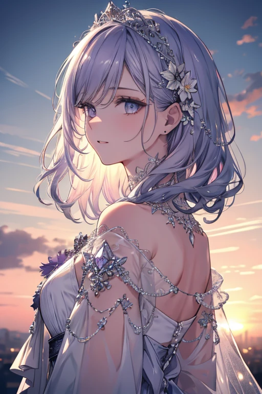High definition RAW color art, Animation,sculptures, Silver Marble Skin, (((Ultra detailed elegant))), Detailed skin, Texture,(Intricately detailed, Fine detail, ultra-detail art), depth of fields, Bokeh, Silky Touch, Hyper Detail, (pastel purple), beautiful eyes, elegant face, surprised face, looking back, view from above, dynamic clouds, sunset sky,white shirt,