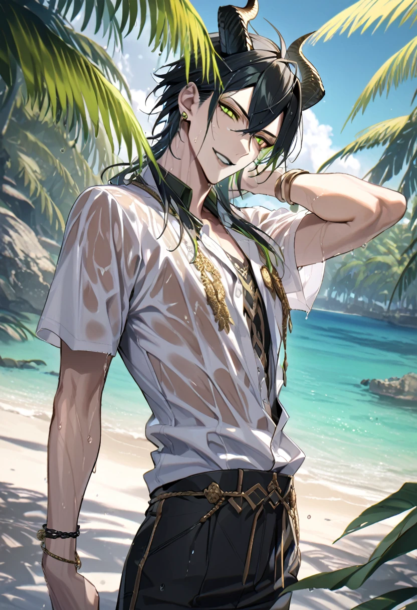 ((masterpiece:1.4, best quality)), (Ultra detailed background), 1boy, handsome man, highly detailed beautiful face and eyes, white hair, beautiful eyes, (sharp detail:1.3), shiny, earrings, bracelet, (wet clothes:1.3), Shirts, Bari, Cebu Island, plumeria, near the beach, stretch,lie on one's back, dynamic angle, malleus draconia (twisted wonderland) horns, bishounen, boy, male, yana Toboso style, long hair, black hair, yellow green eyes, smile, gray lips, handsome, skinny, tall, yellow green glow,