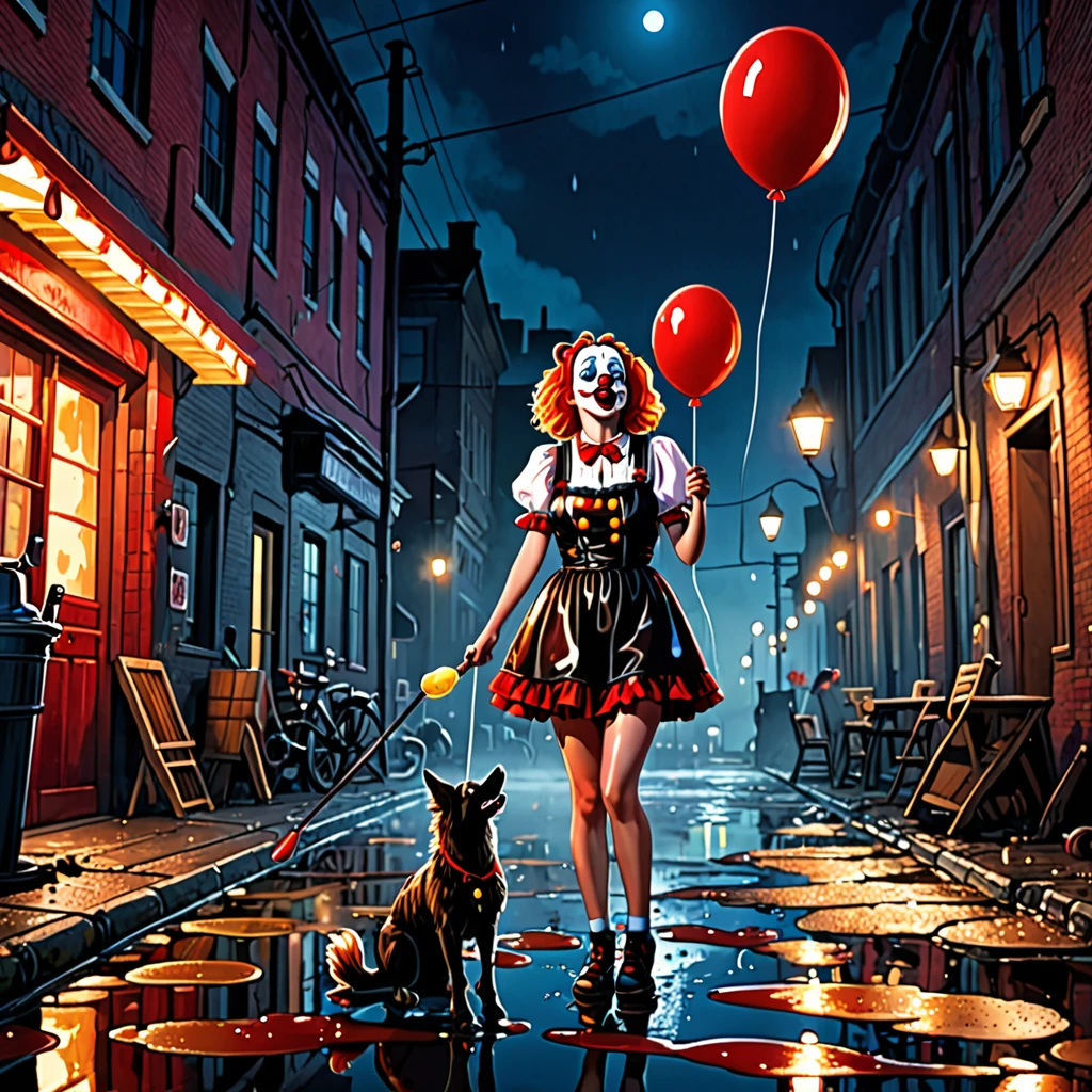 a girl passionately licks waffle ice cream, holds a balloon, an industrial zone, a dark night, the lanterns are dimly lit, a dirty man lies in red bloody puddles, a clown watchman stands with an air rifle, a horse, the police run away in panic, black humor, a fountain of beer