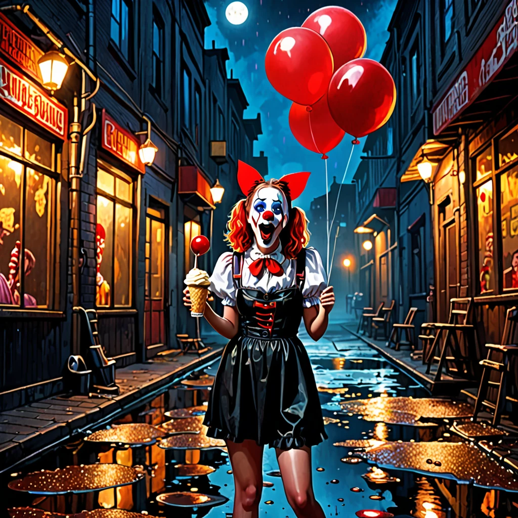 a girl passionately licks waffle ice cream, holds a balloon, an industrial zone, a dark night, the lanterns are dimly lit, a dirty man lies in red bloody puddles, a clown watchman stands with an air rifle, a horse, the police run away in panic, black humor, a fountain of beer