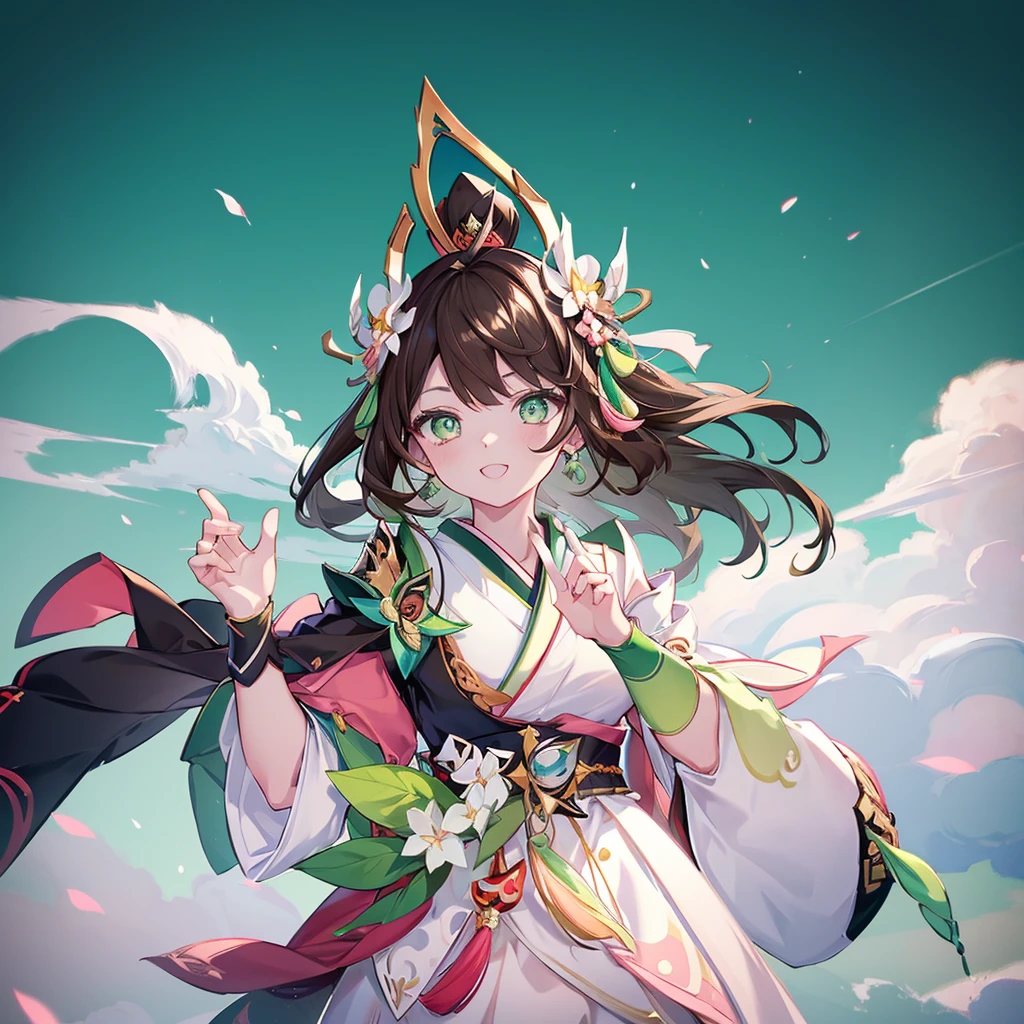 ((Genshin impact style)) (masterpiece), (high quality), 1 girl, 16 years, female body, white skin, freckles, ((long, and wavy DARK-BROWN HAIR)), ((green and bright eyes)), she has a cheerful, kind and sweet expression, pink lips with a big smile, designs from East Asian, Game character costume design, Japanese clothing style with a green and light pink color palette, Japanese hair accessories, ((White background)) intricate details, lens flare，ultra high resolution，sharp focus，HD，8k，clear facial features，clear details，beautiful eyes，beautiful face