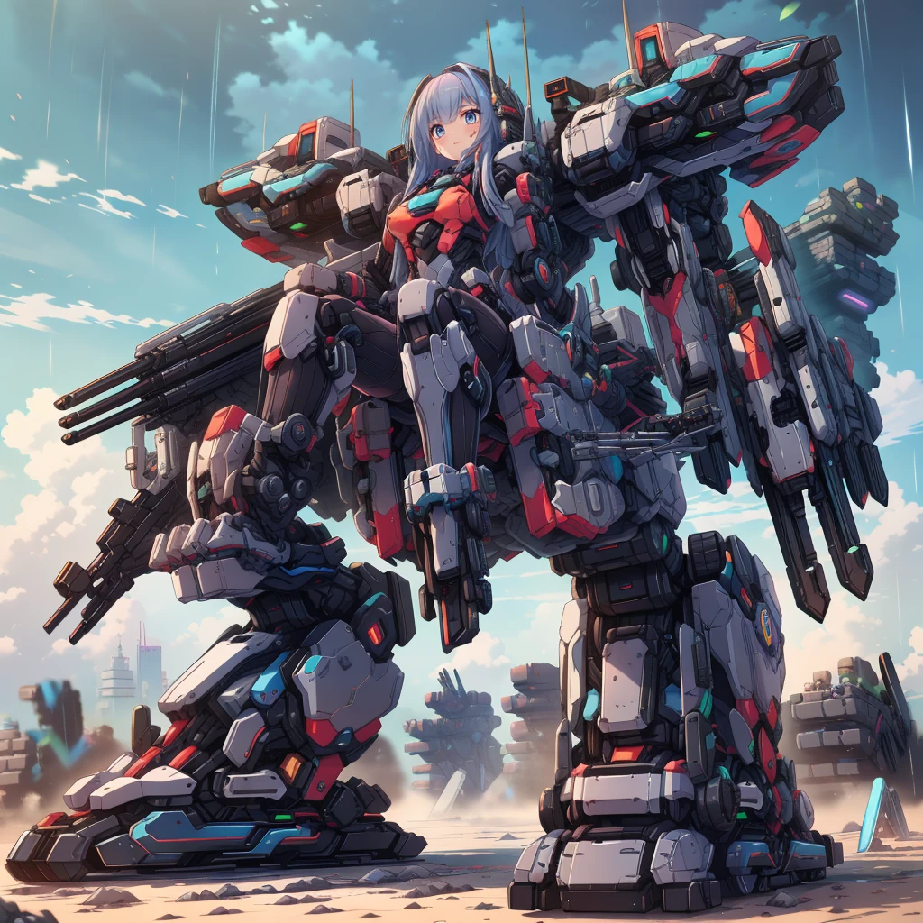 (masterpiece:1.2), best quality, high resolution, extremely detailed CG, absurdres, highres, Sci-fi world, a girl in bodysuit sits inside a machine with giant robot arms and legs on a battlefield, and the girl holds the lever of the machine,Colorful portraits