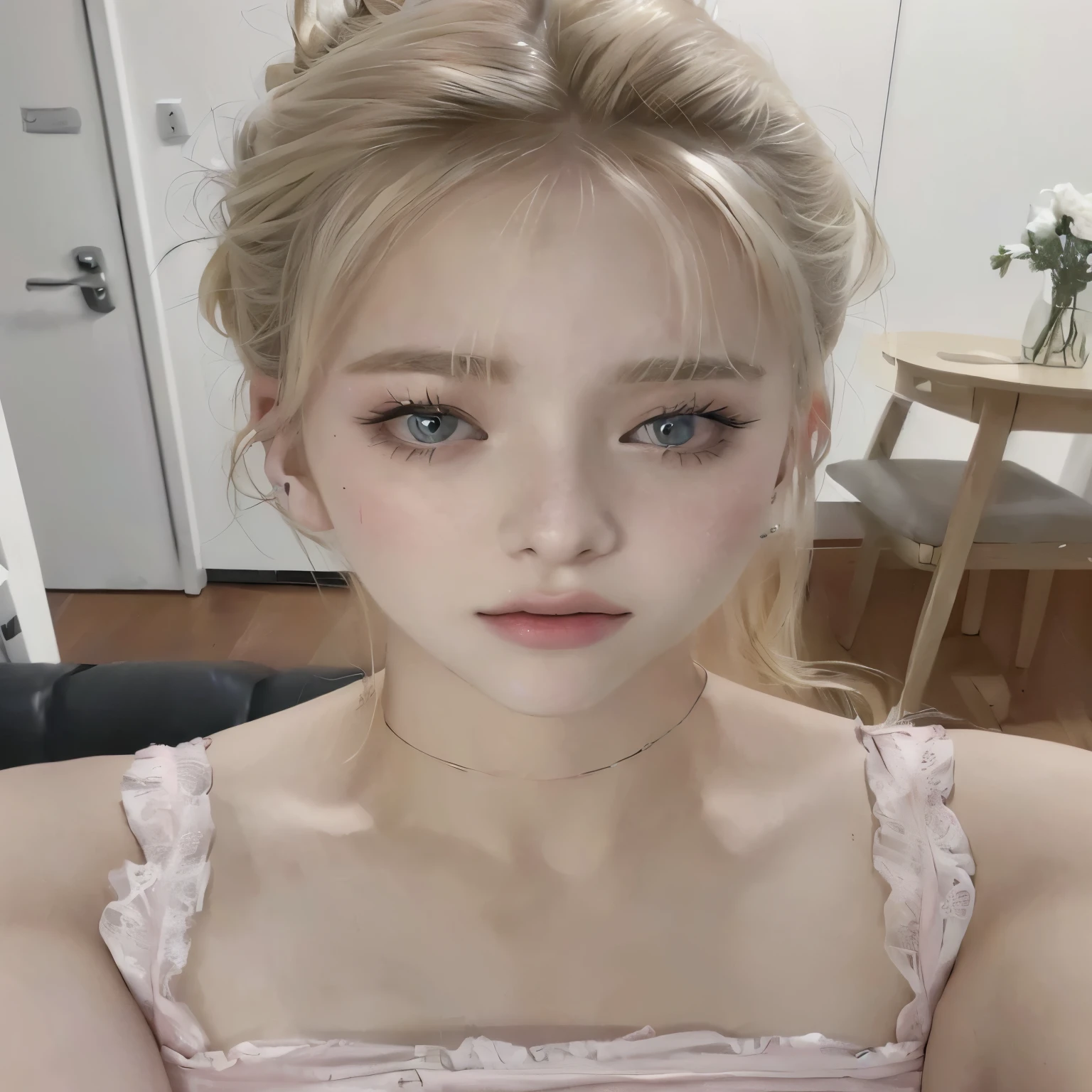 blonde woman with a messy bun wearing a pink dress, 18 years, 19 year old girl, blonde hair and big eyes, , lalisa manobal, Perfect face ), 22 years, 🤤 girl portrait, 21 years, she is about 2 0 years old, she is about 20 years old