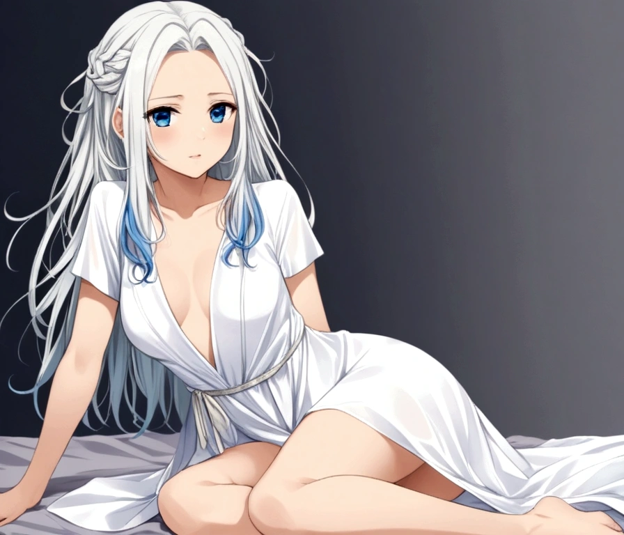 1 fille, bare, white dreadlocks hair, blue eye, white dress, mains sur la robe, relever, dress relever, no panties pussy, cuisses, bare cuisses, medium chest, blouse