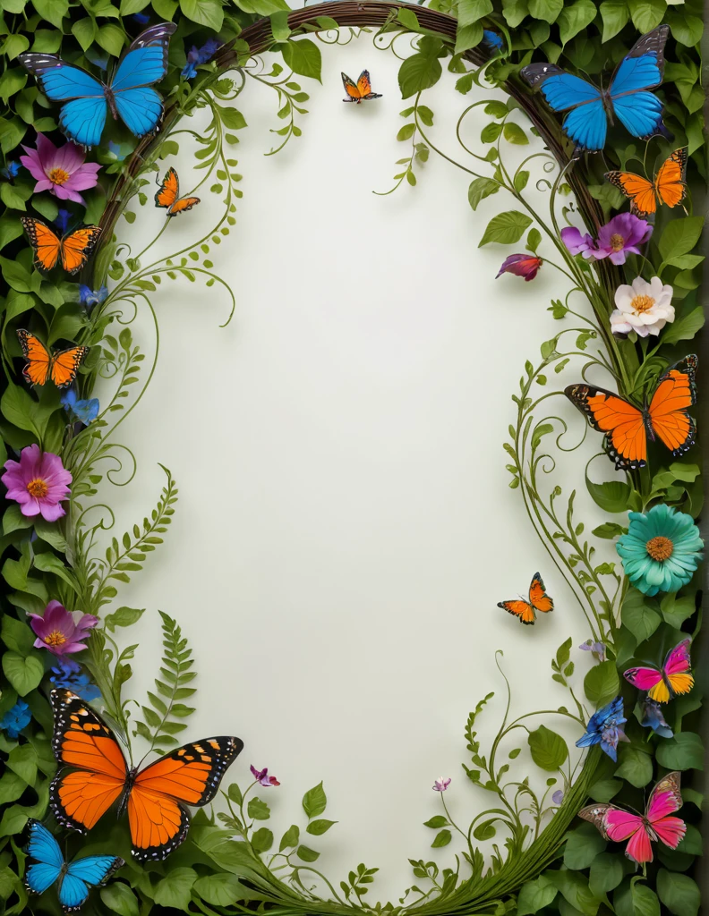 1butterfly, giant, vibrant, colorful fluttering among an array of feathers, flowers, leaves, and vines, spectrum of colors and intricate wing patterns, while the feathers add texture with delicate plumes. The flowers are in full bloom, displaying a variety of shapes and hues, nestled among lush green leaves. Vines weave through the scene, adding depth and connecting all elements. The background is softly lit, enhancing the vividness of the colors and creating a harmonious and enchanting natural environment.