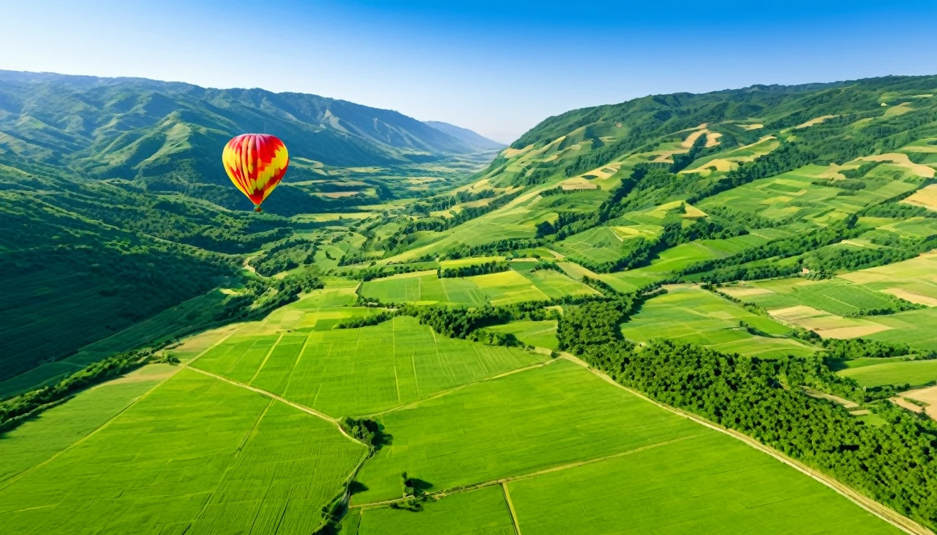 Picture of a single massive, flying hot air balloon. (Floating in air, Different colors)) Picture of air balloon flying above a lush green valley on a sunny warm sunny day