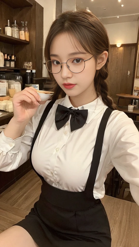 (Actually, the resolution is high.:1.3),A girl with a perfect body, slender face and eyes, long golden hair, white V-neck shirt.:1.2 short skirts in a coffee shop, big breasts, showing breasts, wearing glasses, bow ties, braids