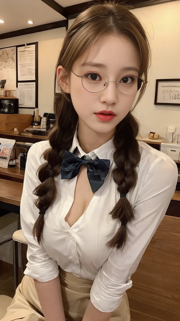 (Actually, the resolution is high.:1.3),A girl with a perfect body, slender face and eyes, long golden hair, white V-neck shirt.:1.2 short skirts in a coffee shop, big breasts, showing breasts, wearing glasses, bow ties, braids