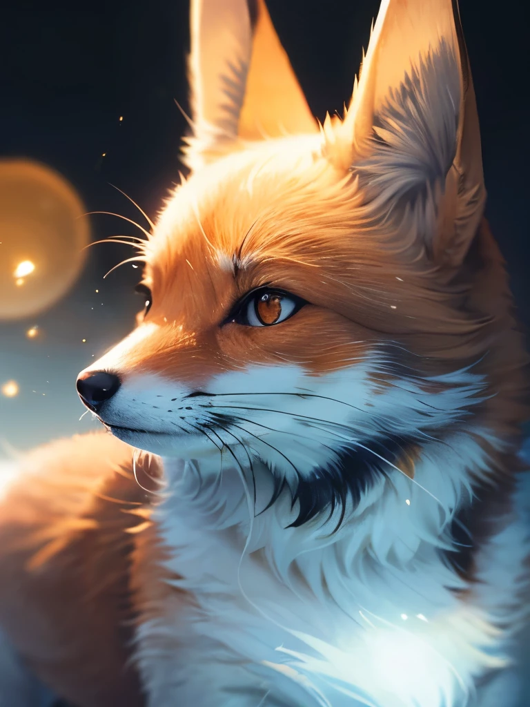 The fox and the dog、Cute and gentle、Sharp eye focus、original、Supernatural、Another world、Ultra Detail、bright fur、Magic Lighting、trajectory、 Light dust、beautiful、Cinematic lighting、 Bokeh effect