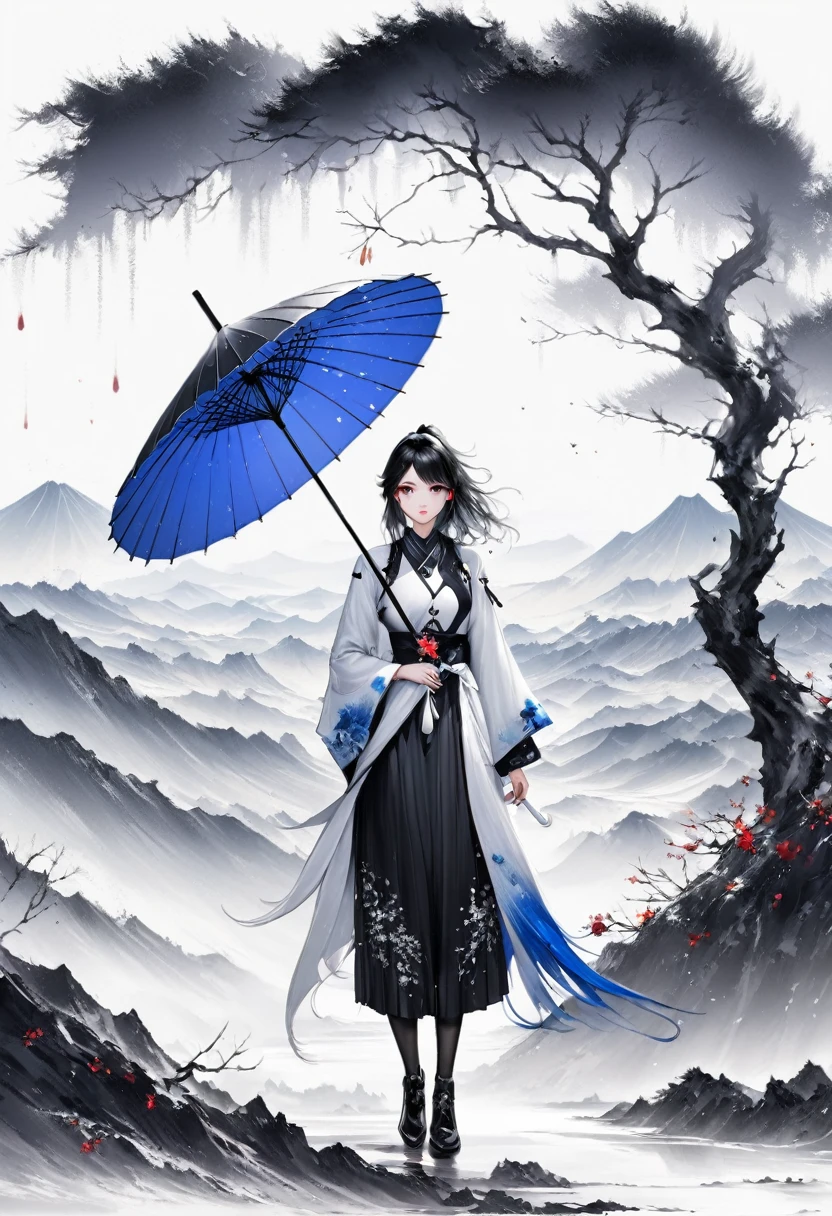 (Lots of white space:1.5)，(Lots of white space around:1.6), White background, simple, Minimalism, Abstract,Hand Painted，Aesthetic，black and white，Ink Painting，，a mountain，Girl holding an umbrella in the distance，(Umbrella:1.7),一幅Abstract的艺术插图, author：Li Song, Arte no estilo de Gu Weiss, Shin Jin Hye, Obra-prima de Gu Weiss, Ross Figure 1. 0, Beautiful digital illustrations, Inspired by Non-WLOP, simple數位藝術, jingna zhang, Gu Weiss, Stunning digital illustrations