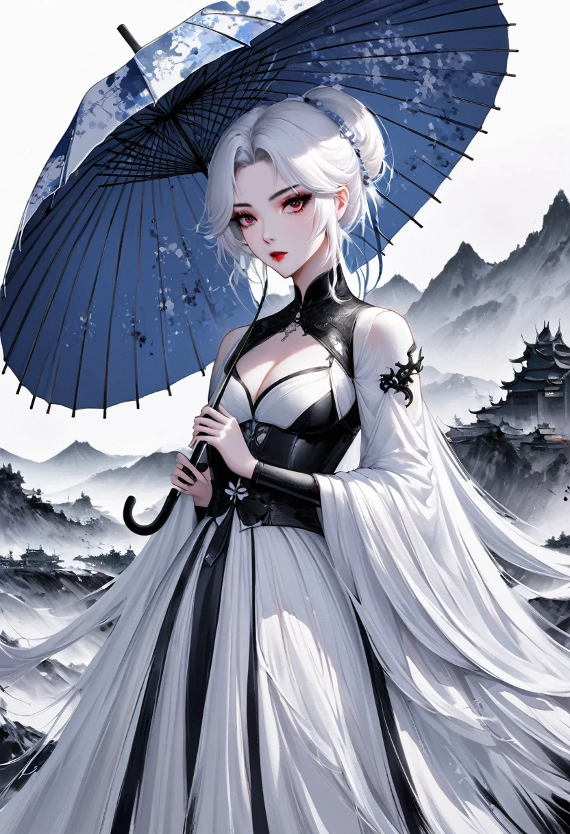 (Lots of white space:1.5),(Lots of white space around:1.6), White background, simple, Minimalism, Abstract,Hand Painted,Aesthetic,black and white,Ink Painting,,a mountain,Girl holding an umbrella in the distance,(Umbrella:1.7),一幅Abstract的艺术插图, author:Li Song, Arte no estilo de Gu Weiss, Shin Jin Hye, Obra-prima de Gu Weiss, Ross Figure 1. 0, Beautiful digital illustrations, Inspired by Non-WLOP, simple數位藝術, jingna zhang, Gu Weiss, Stunning digital illustrations